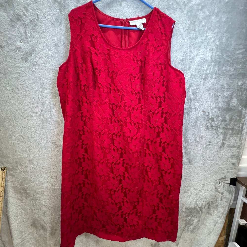Allison Woods Red Floral Lace Sleeveless Shift Dress 22W Wedding Guest Romantic